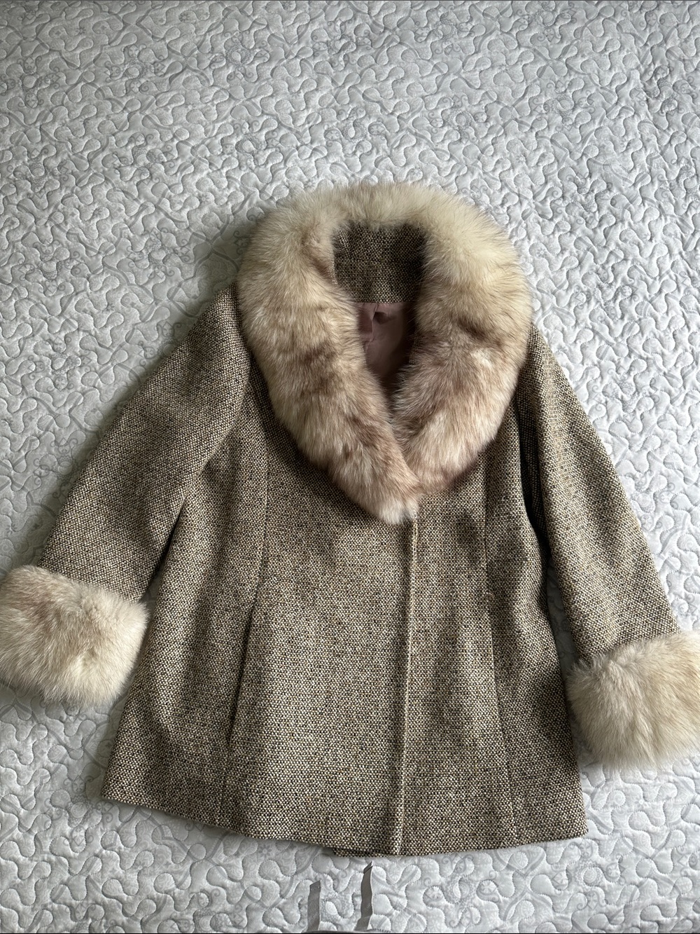 Cream Tweed Pea Coat with fox Fur Trim